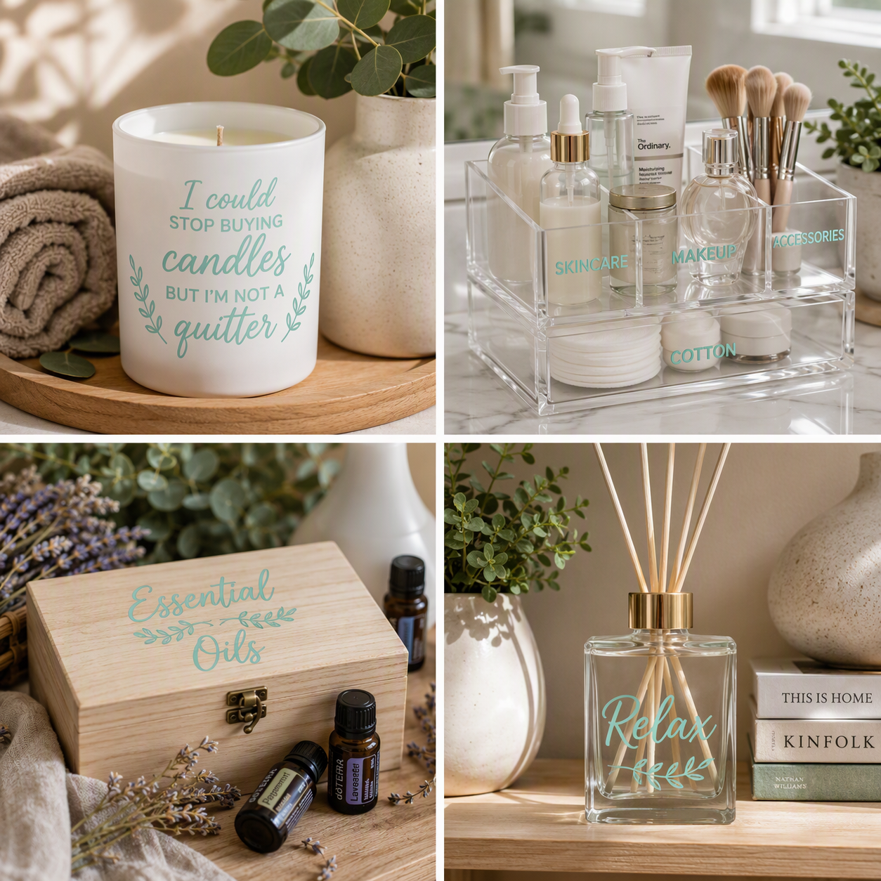A four-panel collage showcasing home and beauty products in a coordinated natural wood and clear acrylic aesthetic. The items have decals on them made from Mint gloss permanent vinyl. The panels feature a white scented candle with teal lettering, a clear acrylic makeup organizer, a wooden essential oils box with lavender and dropper bottles, and a clear glass reed diffuser with a gold cap.
