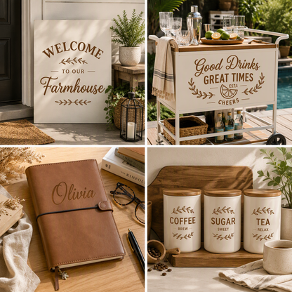 Nut Brown gloss permanent adhesive vinyl colour showcase featuring a farmhouse welcome sign, outdoor bar cart decal, personalised leather-look journal and labelled coffee canisters. Four-panel rustic lifestyle collage demonstrating warm brown vinyl applications for home décor, personalised gifts, entertaining and kitchen organisation.