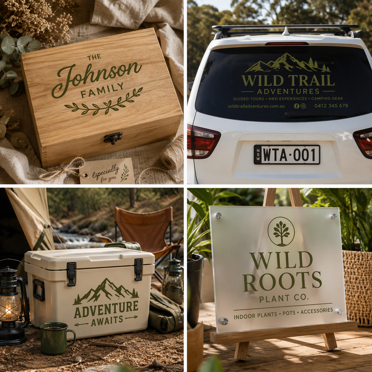 Olive gloss permanent adhesive vinyl colour showcase featuring a personalised timber keepsake gift box, business-branded white SUV rear window decal, camping storage box with adventure graphic and frosted acrylic custom business sign. Four-panel lifestyle collage demonstrating permanent vinyl applications for gifting, business branding, outdoor recreation and custom signage.