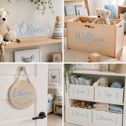 A four-panel collage showing personalized wooden storage and decor items in a nursery setting using Pastel Blue permanent vinyl: a cloud-shaped name sign reading 'Oliver' on a shelf, a wooden bin labelled 'William' with a teddy bear inside, a round hanging sign reading 'Ethan's room' on a door, and white storage bins labelled 'Books', 'Toys', and 'Blocks' with toys and blankets.