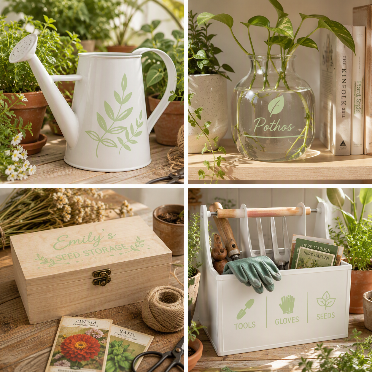 Pistachio gloss permanent adhesive vinyl displayed on a white ceramic watering can, glass propagation vase, personalised timber seed storage box and white garden tool caddy. Four-panel botanical lifestyle collage showcasing soft green vinyl decals for gardening, plant organisation, home décor and personalised crafting projects.