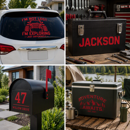 A four-panel collage showing red permanent vinyl custom truck decal graphics and matching outdoor accessories. Top-left shows a white SUV rear window with a red truck graphic and the text 'I'M NOT LOST I'M EXPLORING JUST DIFFERENTLY'.