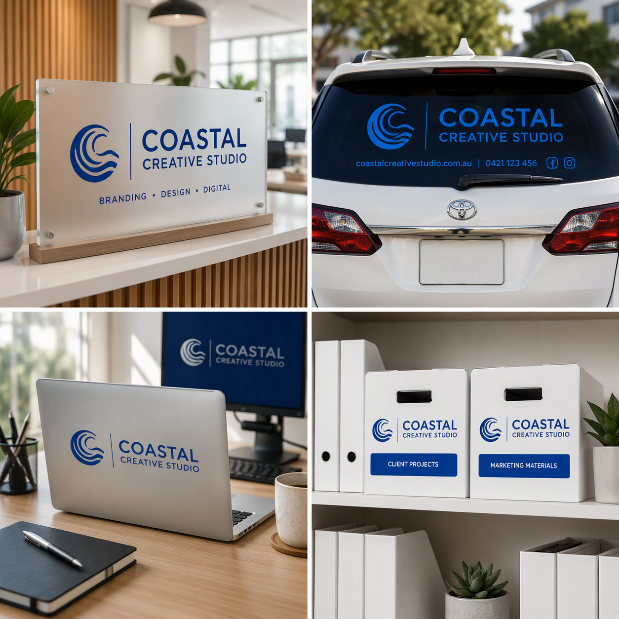 Reflex Blue gloss vinyl decals displayed on office signage, company vehicle branding, laptop logo decal and archive storage box labels in a professional corporate setting.