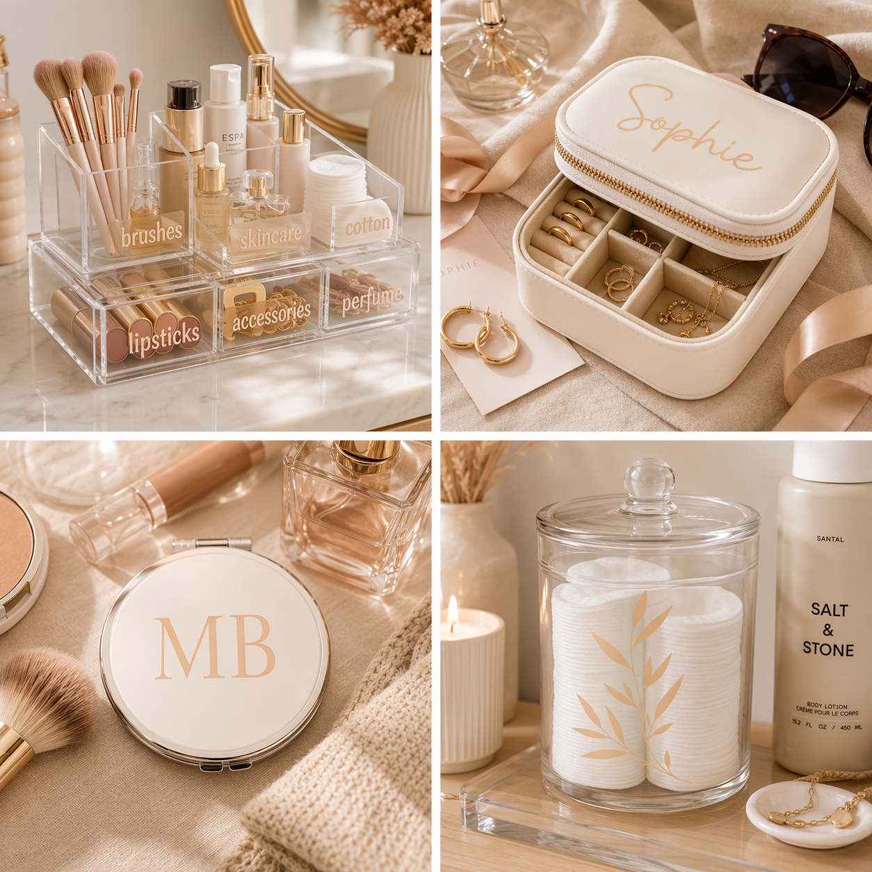 Skin Tone gloss permanent vinyl on a makeup organiser, jewellery case, compact mirror and cosmetic jar for beauty and self-care projects.