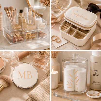 Skin Tone gloss permanent vinyl on a makeup organiser, jewellery case, compact mirror and cosmetic jar for beauty and self-care projects.