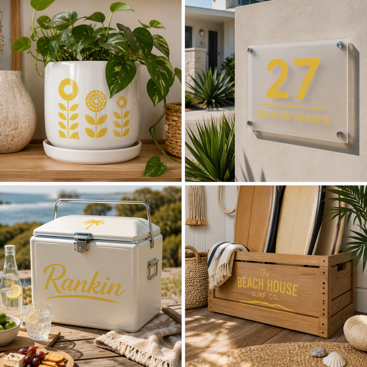 A four-panel collage showing customised items with Stone Yellow gloss permanent vinyl decals: a white ceramic planter with yellow floral designs and a green plant, a clear acrylic house number plaque reading '27 SEAWAY HOUSE' mounted on a beige wall, a cream insulated cooler box with 'Rankin' printed in yellow, and a wooden surfboard crate with 'THE BEACH HOUSE SURF CO' printed in yellow.