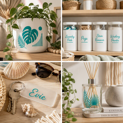 Teal gloss permanent adhesive vinyl colour showcase featuring a white ceramic planter with botanical decal, labelled laundry room storage containers, personalised frosted acrylic beach house key tag reading “Evie”, and a decorative reed diffuser bottle with teal botanical vinyl design. Four-panel lifestyle collage demonstrating permanent vinyl applications for home décor, organisation and personalised gifts.