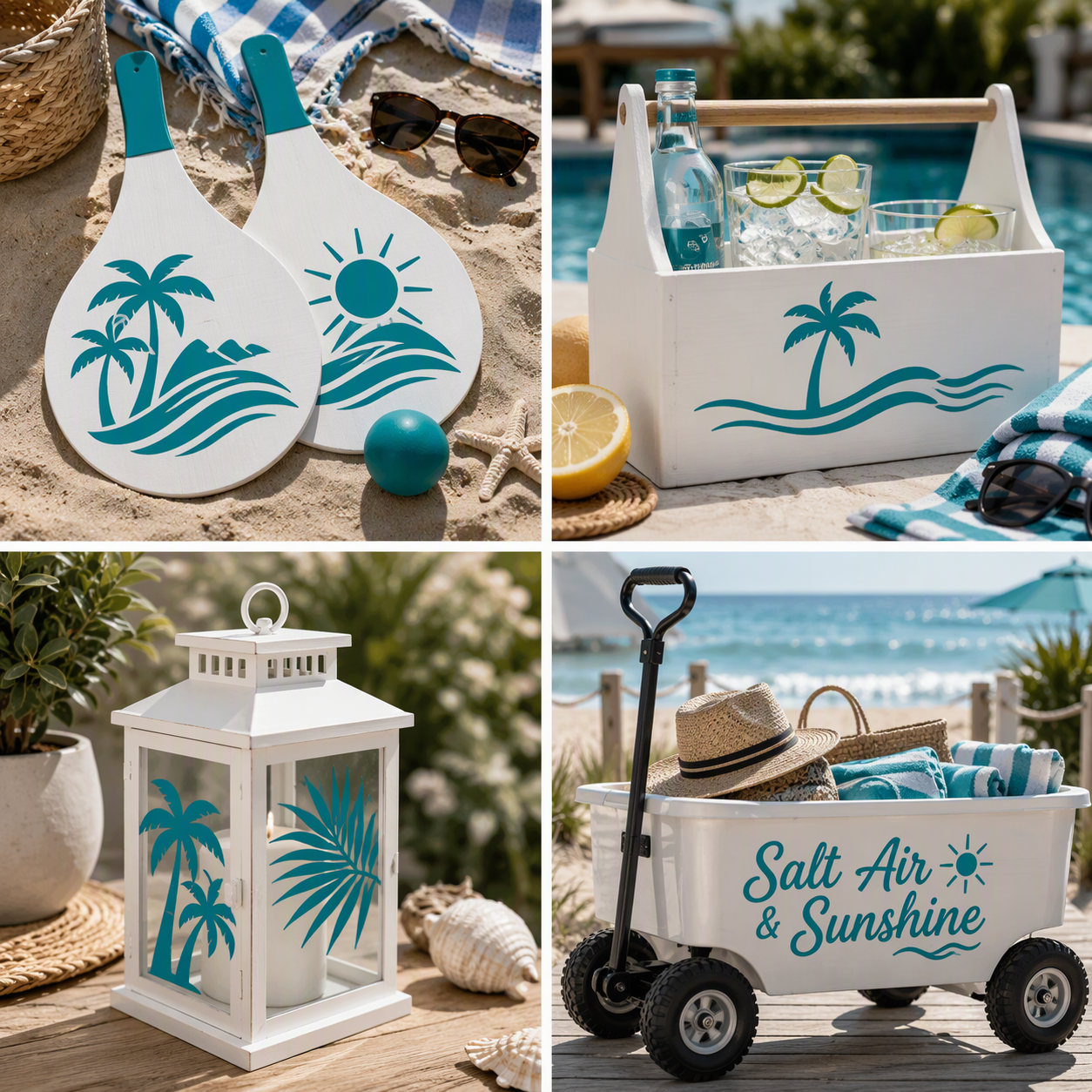 A four-panel collage showing tropical beach-themed home decor and party accessories with Turquoise permanent vinyl decals: two white paddle-shaped coasters with teal palm tree and sun designs on sand, a white beach-style cooler filled with drinks by a pool, a white lantern with teal palm tree and leaf decals, and a white wagon with 'Salt Air & Sunshine' text and tropical prints, each shown in a beach or outdoor setting.