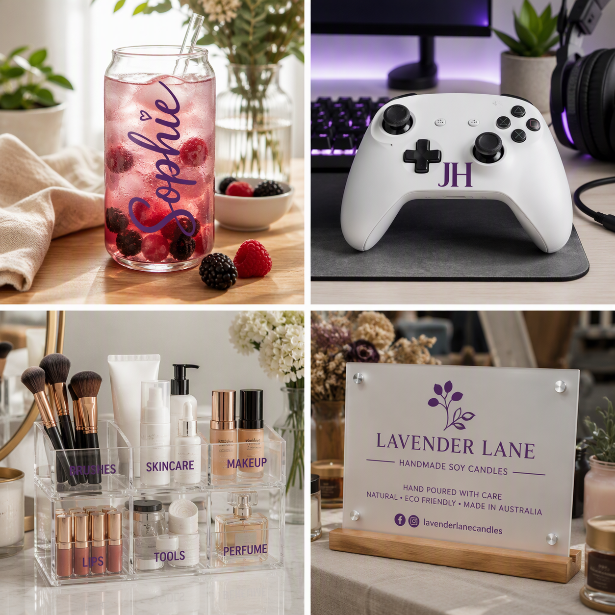 A 2x2 collage showing personalized branded items using Violet permanent vinyl: a glass jar filled with pink iced drink and berries with the name Sophie in purple script, a white game controller with purple initials 'JH', a clear acrylic makeup organizer with cosmetic products and purple labels, and a wooden sign for Lavender Lane handmade soy candles with a purple floral logo.