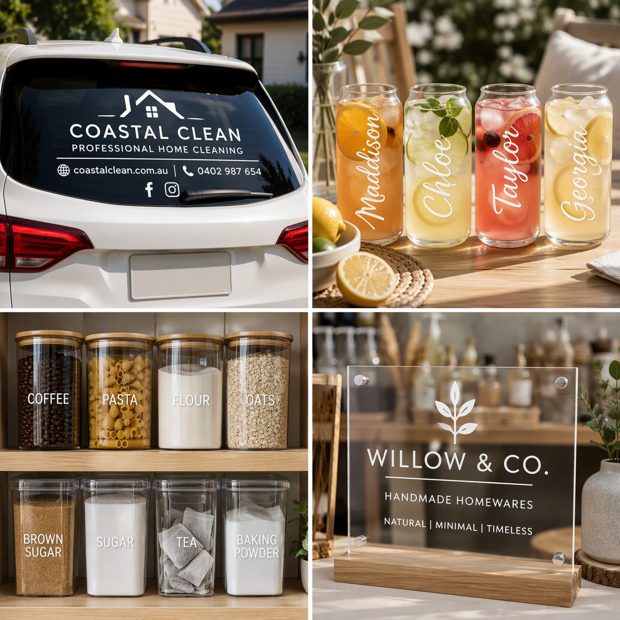 A four-panel collage showing branded home services and home goods with white glossy adhesive vinyl decals: a white car with Coastal Clean signage on the rear window, four glass jars of colourful iced drinks with personalized names, clear storage jars labelled Coffee, Pasta, Flour, Cereal, Brown Sugar, Sugar, Tea, and Baking Powder on wooden shelves, and a clear acrylic sign with Willow & Co. branding on a wooden base.