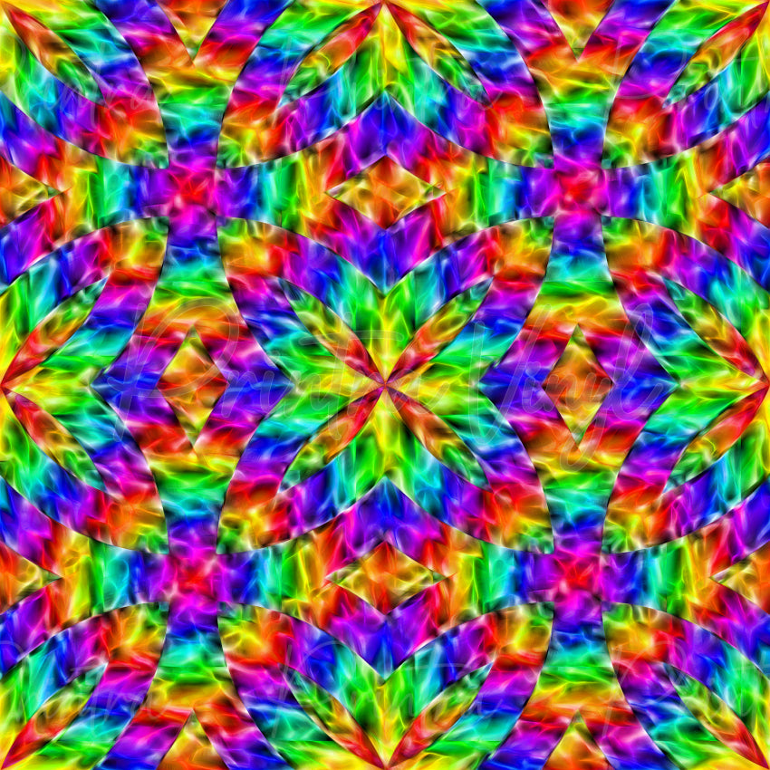 Colour Energy #02 patterned vinyl featuring an intricate geometric design filled with vibrant rainbow gradients in shades of hot pink, purple, royal blue, aqua, lime green, yellow and orange, layered with glowing light effects and kaleidoscopic symmetry for a bold high-energy look.