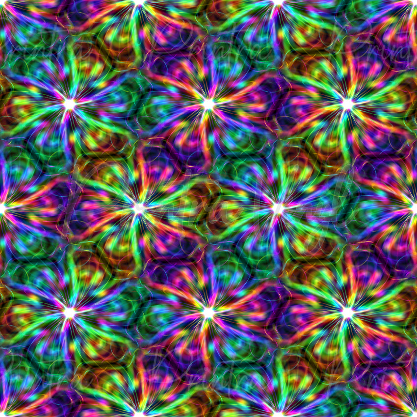 Colour Energy #04 patterned vinyl featuring radiant rainbow starburst blooms in vibrant shades of hot pink, purple, aqua, turquoise, lime green, yellow and orange, layered with glowing light trails and kaleidoscopic symmetry on a deep black background for a bold neon energy effect.