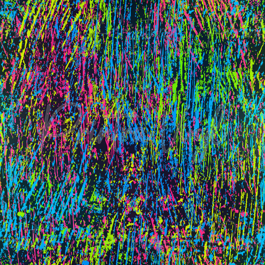 Colour Riot patterned vinyl featuring vibrant neon paint splatters and energetic brushstroke streaks in pink, blue, green and yellow on a black background.