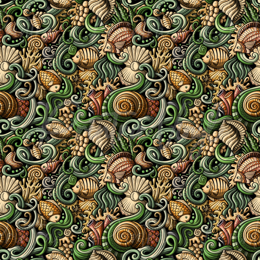 Coral Cove patterned vinyl featuring an intricate underwater collage of seashells, tropical fish, coral formations, sea plants, and swirling ocean details in rich shades of green, tan, cream, and warm copper tones.