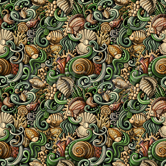 Coral Cove patterned vinyl featuring an intricate underwater collage of seashells, tropical fish, coral formations, sea plants, and swirling ocean details in rich shades of green, tan, cream, and warm copper tones.
