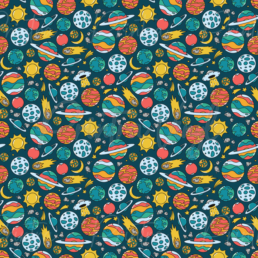 Cosmic Colours patterned vinyl featuring colourful planets, moons, UFOs, comets, suns, stars, and celestial elements illustrated in bright teal, coral, yellow, and orange tones on a deep space background.