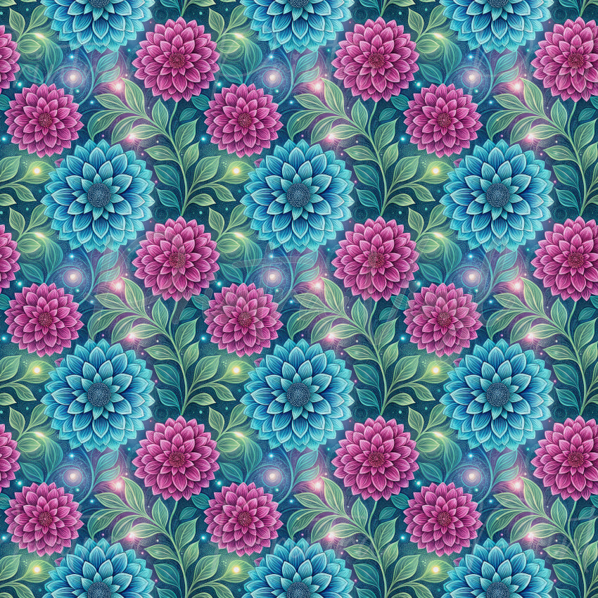 Copilot said:

Cosmic Garden patterned vinyl featuring vibrant pink and blue dahlia flowers, lush green foliage, and glowing celestial accents on a dreamy galaxy-inspired background.