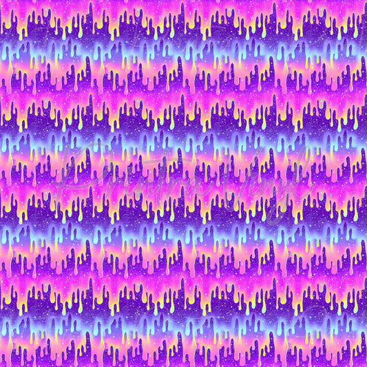 Cosmic Ooze patterned vinyl featuring glittering galaxy-inspired slime drips in vibrant shades of pink, purple, blue, and yellow, layered with sparkling cosmic textures and shimmering celestial details.