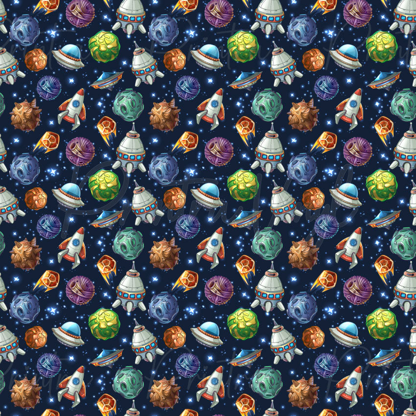 Cosmic Quest patterned vinyl featuring detailed rockets, flying saucers, colourful planets, meteorites, asteroids, and sparkling stars scattered across a deep galaxy background for an adventurous space-themed design.