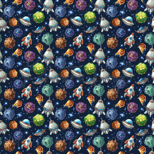Cosmic Quest patterned vinyl featuring detailed rockets, flying saucers, colourful planets, meteorites, asteroids, and sparkling stars scattered across a deep galaxy background for an adventurous space-themed design.