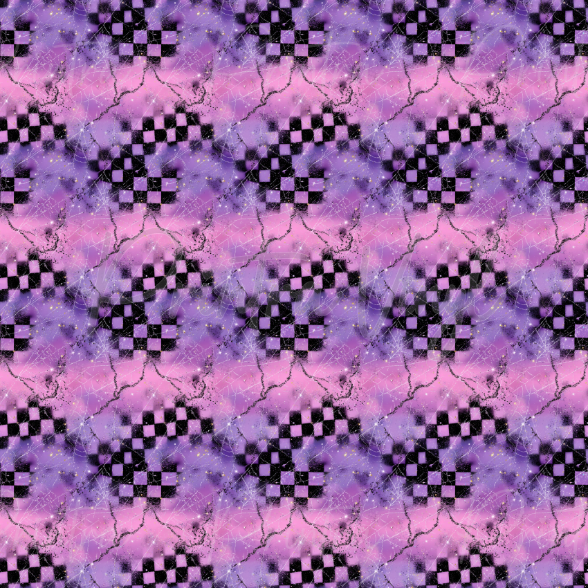 A seamless repeating pattern featuring black and purple checkered squares over a pink and purple watercolour background with faint cobweb textures.