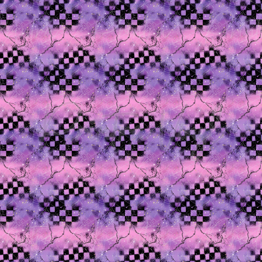 A seamless repeating pattern featuring black and purple checkered squares over a pink and purple watercolour background with faint cobweb textures.
