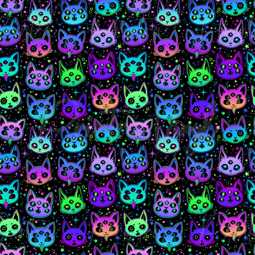 Creepy Cats #02 patterned vinyl featuring colourful spooky cat faces in vibrant shades of purple, pink, aqua, blue and lime green, with extra eyes, third-eye details and playful mystical features, scattered across a black background filled with neon stars, sparkles and celestial accents.