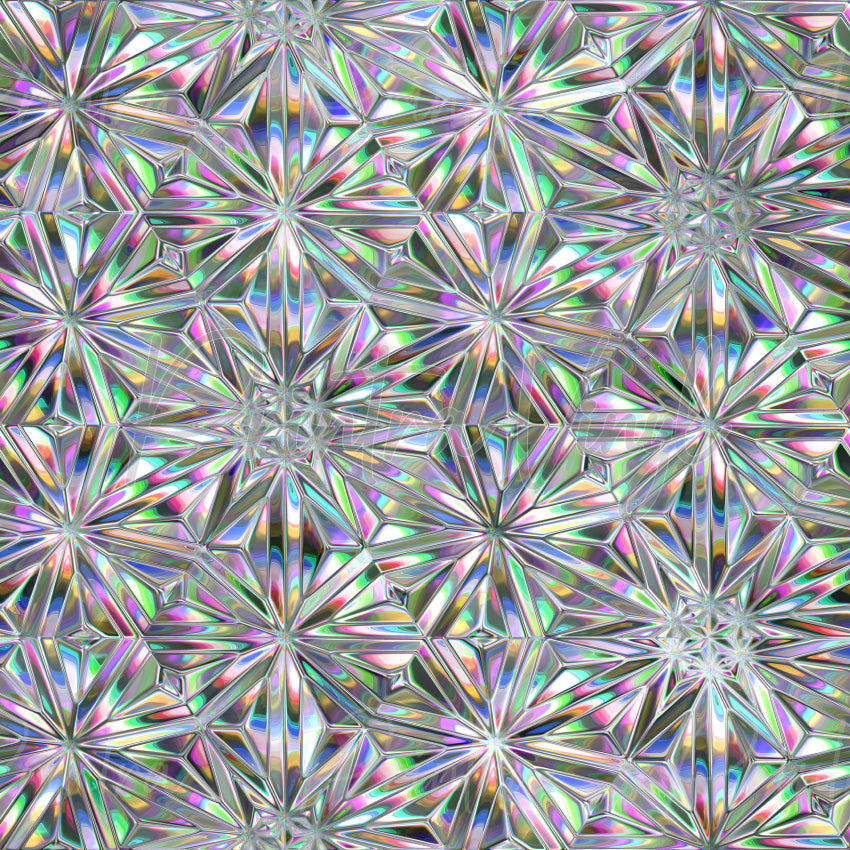 Crystal Glaze #01 patterned vinyl featuring an intricate faceted crystal design with shimmering iridescent rainbow reflections in soft pink, lavender, aqua, blue, gold and silver tones, creating a holographic glass-like mosaic effect.