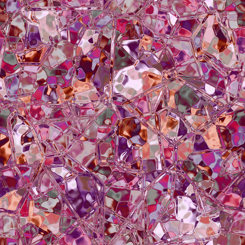 Crystal Glaze #03 patterned vinyl featuring faceted stained-glass shapes in blush pink, rose gold, mauve, magenta and lavender tones, layered with shimmering crystal outlines and glossy iridescent textures for a fractured glass mosaic effect.