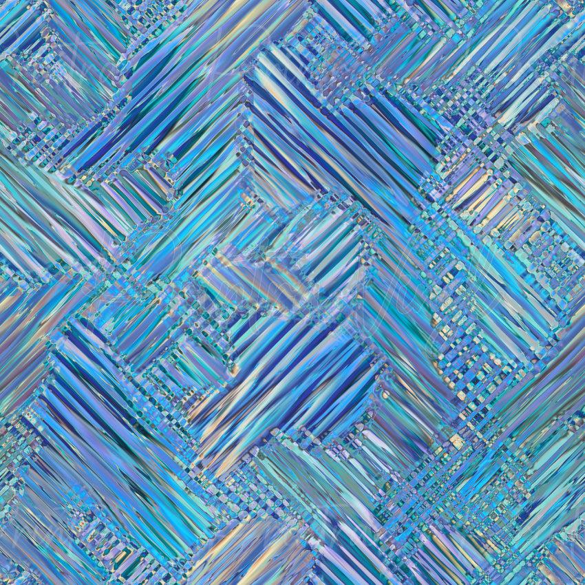 Crystal Glaze #04 patterned vinyl featuring layered geometric crystal-inspired shapes in shimmering aqua, turquoise, cobalt blue and soft lavender tones, with iridescent highlights, textured linework and a faceted glass-like mosaic effect throughout the design.