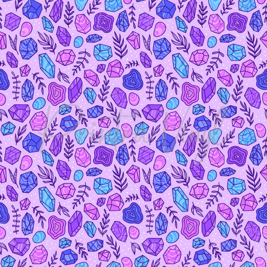 Crystals #01 patterned vinyl featuring faceted crystal points, gemstones and agate slices in vibrant shades of purple, violet, lavender and aqua blue, scattered across a soft lavender background with delicate botanical sprigs and tiny star-like accents.