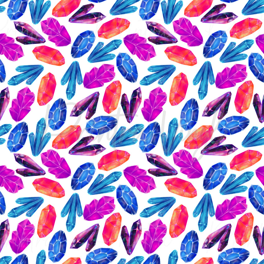 Crystals #02 patterned vinyl featuring faceted crystal points and gemstone clusters in vibrant shades of electric blue, aqua, magenta, fuchsia, purple and coral, scattered across a crisp white background with luminous watercolour textures and sparkling crystal details.