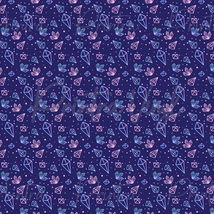 Crystals #03 patterned vinyl featuring delicate geometric crystal outlines in soft lavender, lilac, blush pink and aqua blue, scattered across a deep indigo background with tiny star-like dots and celestial-inspired accents.