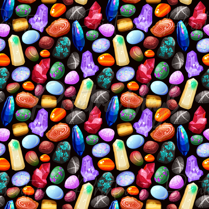 Crystals #04 patterned vinyl featuring an eclectic collection of gemstones, crystal clusters, polished stones and agate slices in vibrant shades of ruby red, amethyst purple, sapphire blue, turquoise, amber, pink and aqua, scattered across a rich black background with glossy mineral textures and sparkling crystal details.