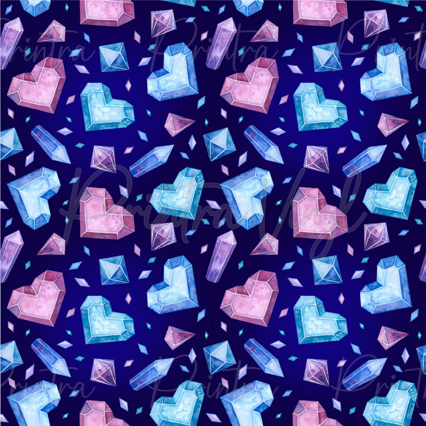 Crystals #05 patterned vinyl featuring faceted crystal hearts, crystal points and gemstone shards in icy blue, blush pink, lavender and lilac tones, scattered across a deep navy background with delicate watercolour textures and sparkling crystal details.