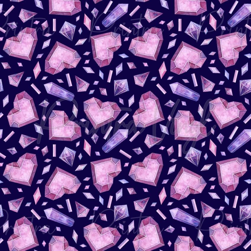 Crystals #06 patterned vinyl featuring faceted crystal hearts, crystal points and gemstone shards in soft blush pink, lavender and lilac tones, scattered across a deep navy background with delicate watercolour textures and sparkling crystal details.