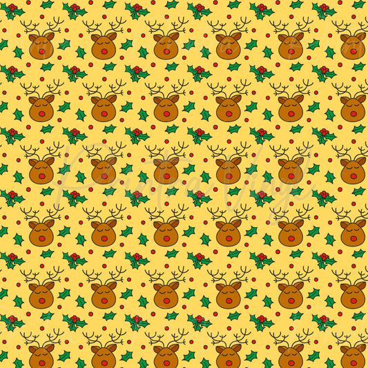 Cute Christmas #10 patterned vinyl featuring adorable reindeer faces with bright red noses, surrounded by holly leaves, holly berries, and festive red dot accents on a warm golden yellow background.