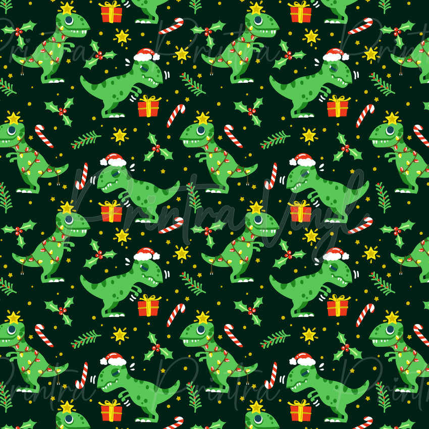 Cute Christmas #11 patterned vinyl featuring adorable green dinosaurs dressed for the holidays with Santa hats, festive string lights, wrapped presents, candy canes, holly sprigs, pine branches, and golden stars scattered across a dark background.