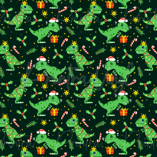 Cute Christmas #11 patterned vinyl featuring adorable green dinosaurs dressed for the holidays with Santa hats, festive string lights, wrapped presents, candy canes, holly sprigs, pine branches, and golden stars scattered across a dark background.