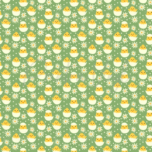 Daisy Chicks patterned vinyl featuring adorable yellow baby chicks hatching from eggshells, scattered among white daisy flowers and polka dots on a soft sage green background.