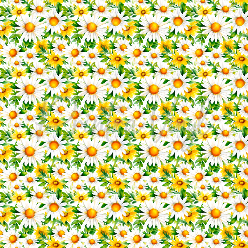 Daisy Days #01 patterned vinyl featuring cheerful white daisies and sunny yellow wildflowers with lush green foliage, layered into a vibrant meadow-inspired floral design on a crisp white background.