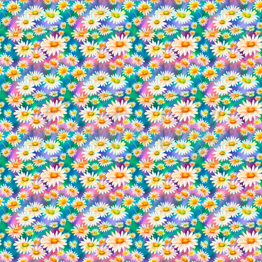 Daisy Days #02 patterned vinyl featuring cheerful white daisies with golden centres scattered across a vibrant watercolour background in teal, turquoise, lavender, pink, and purple tones.