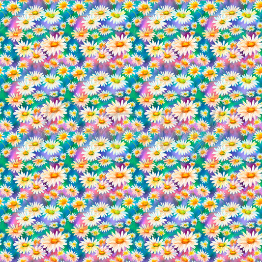 Daisy Days #02 patterned vinyl featuring cheerful white daisies with golden centres scattered across a vibrant watercolour background in teal, turquoise, lavender, pink, and purple tones.