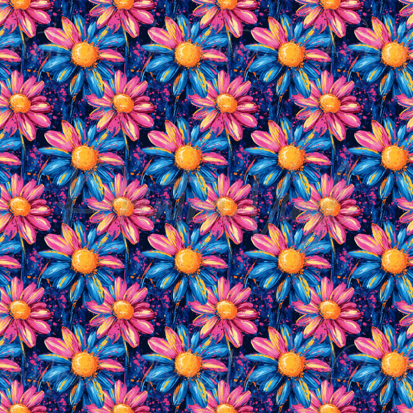 Daisy Days #03 patterned vinyl featuring vibrant painterly daisies with bold pink and blue petals, golden yellow centres, and expressive brushstroke textures on a rich navy background splashed with colourful paint accents.
