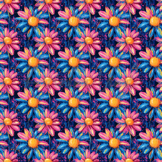 Daisy Days #03 patterned vinyl featuring vibrant painterly daisies with bold pink and blue petals, golden yellow centres, and expressive brushstroke textures on a rich navy background splashed with colourful paint accents.