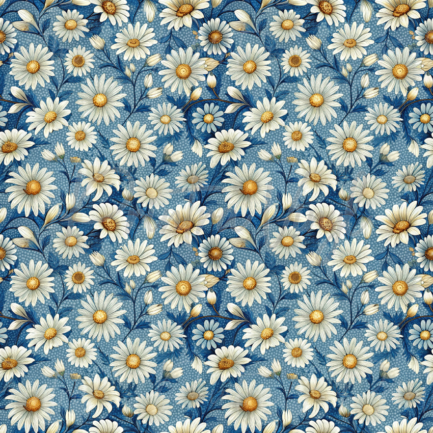 Daisy Days #04 patterned vinyl featuring elegant white daisies with golden centres, delicate blue foliage, and botanical details layered over a textured denim-blue background for a timeless floral design.
