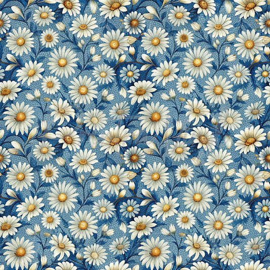 Daisy Days #04 patterned vinyl featuring elegant white daisies with golden centres, delicate blue foliage, and botanical details layered over a textured denim-blue background for a timeless floral design.