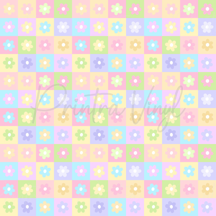 Daisy Squares patterned vinyl featuring pastel checkerboard squares in pink, blue, lavender, yellow, and green, each adorned with simple retro daisy flowers for a playful vintage-inspired design.