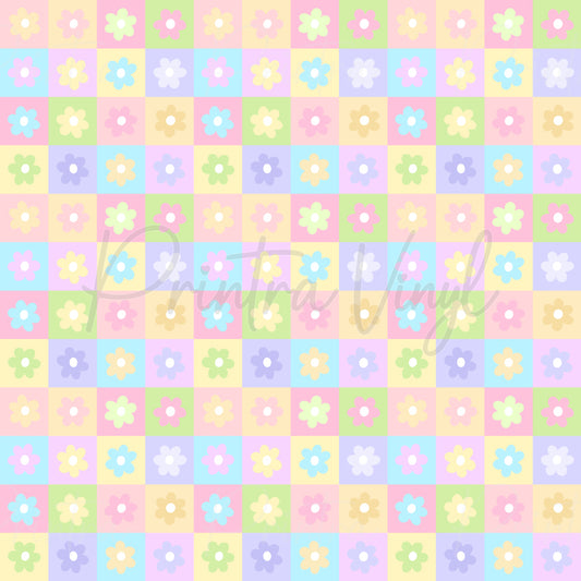 Daisy Squares patterned vinyl featuring pastel checkerboard squares in pink, blue, lavender, yellow, and green, each adorned with simple retro daisy flowers for a playful vintage-inspired design.