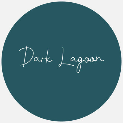A dark lagoon (blue/green) coloured swatch of vinyl material with the colour name written on it, presented in a circular shape.